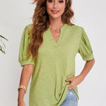 Zylofashon  Women’s Pleated Puff Sleeve V-Neck Summer Casual Top USA