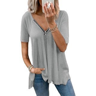 Zylofashon  Women’s V-Neck Zipper Casual Short Sleeve T-Shirt USA