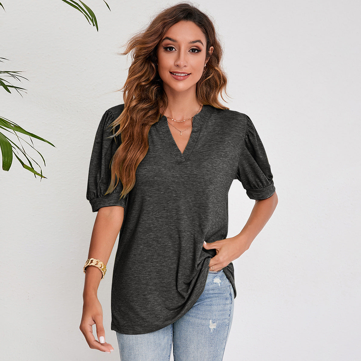 Zylofashon  Women’s Pleated Puff Sleeve V-Neck Summer Casual Top USA