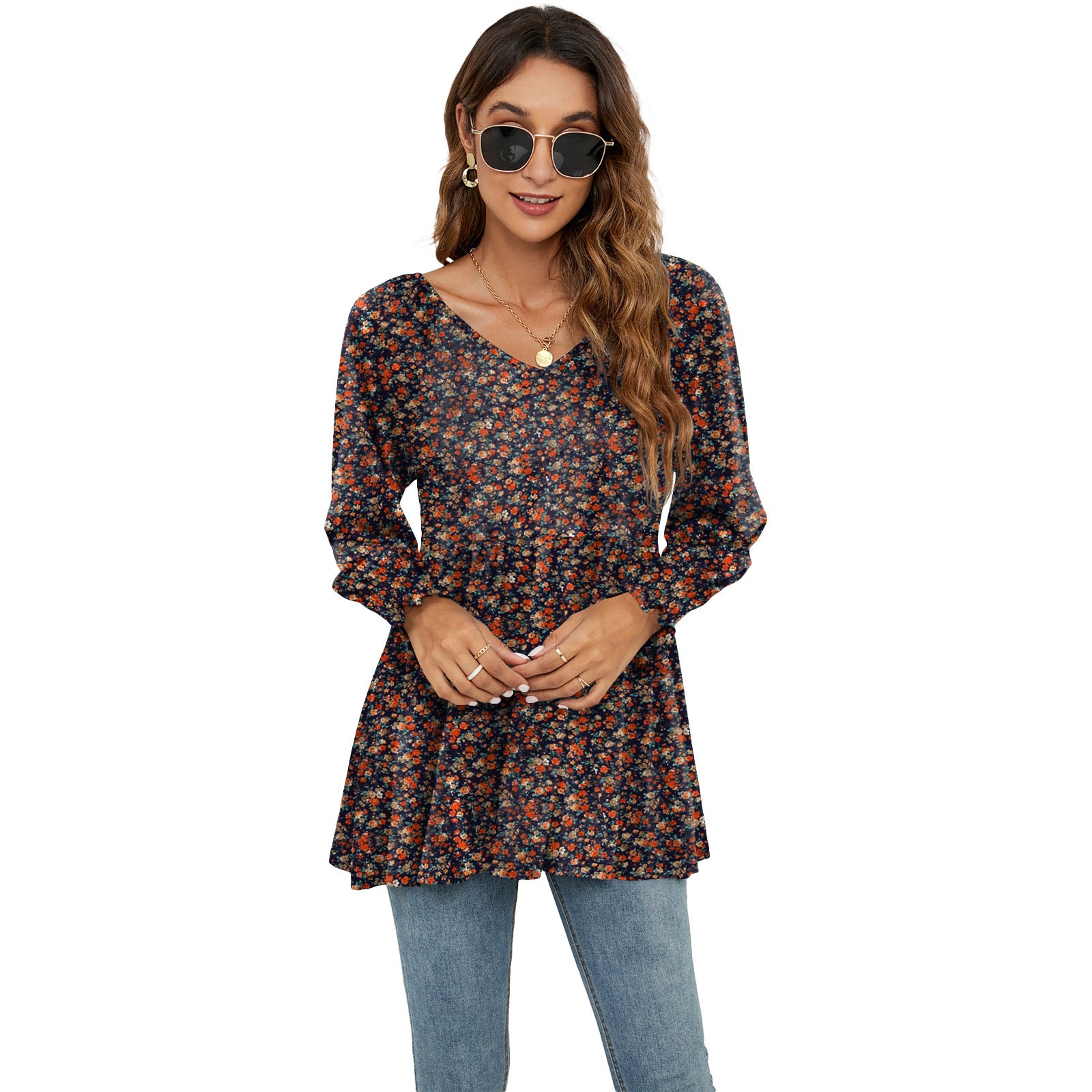 Zylofashon  Women’s Floral Puff Sleeve V-Neck Casual Blouse USA