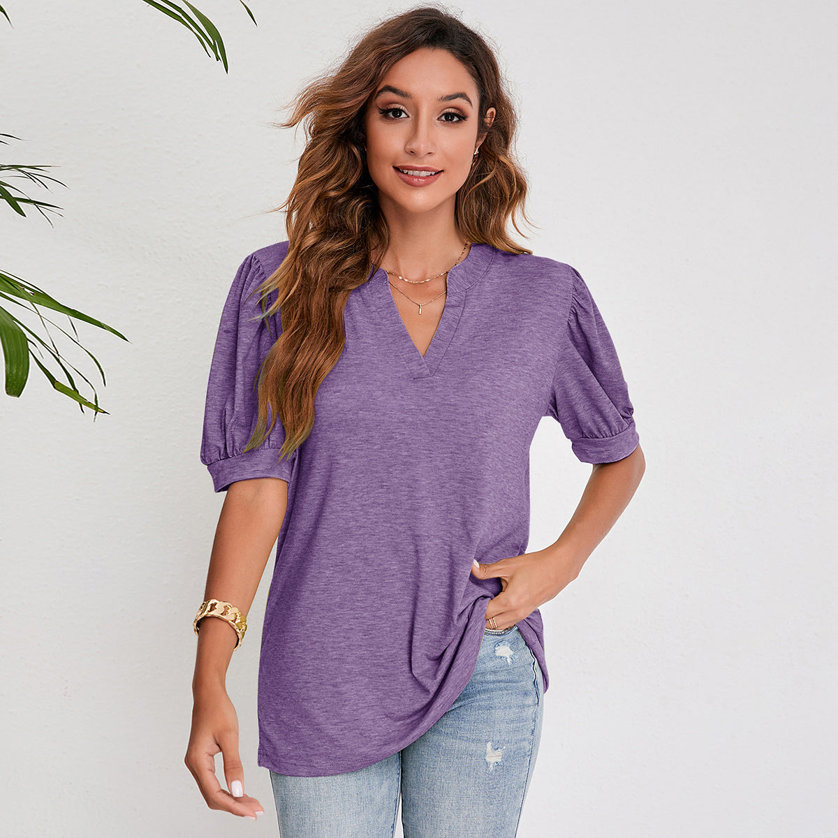 Zylofashon  Women’s Pleated Puff Sleeve V-Neck Summer Casual Top USA