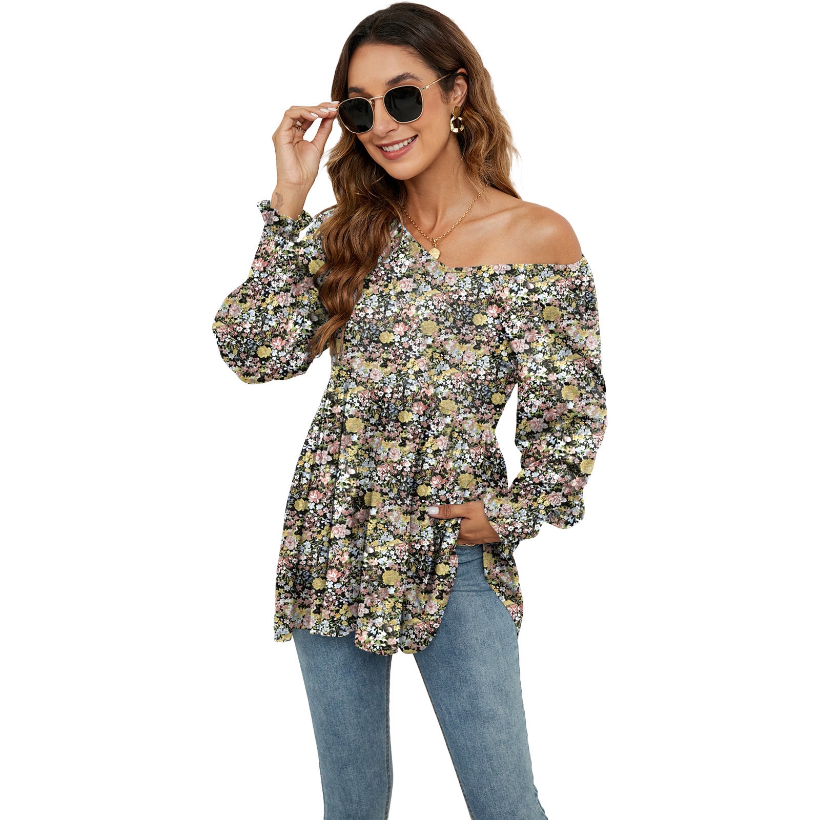Zylofashon  Women’s Floral Puff Sleeve V-Neck Casual Blouse USA