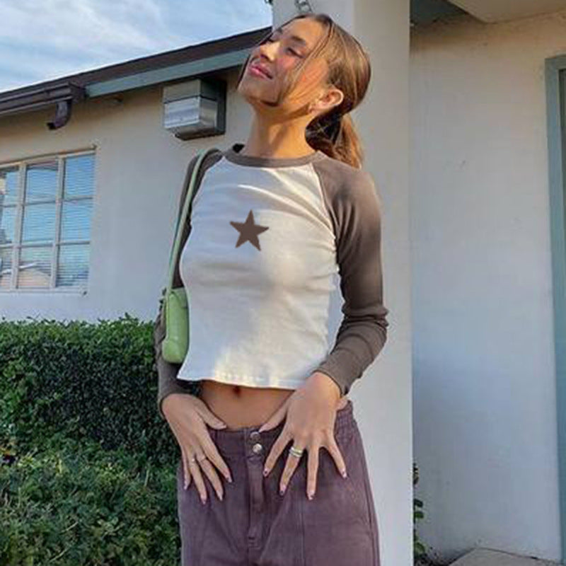 Zylofashon Women’s Stars Patchwork Long Sleeve Slim Casual Top USA