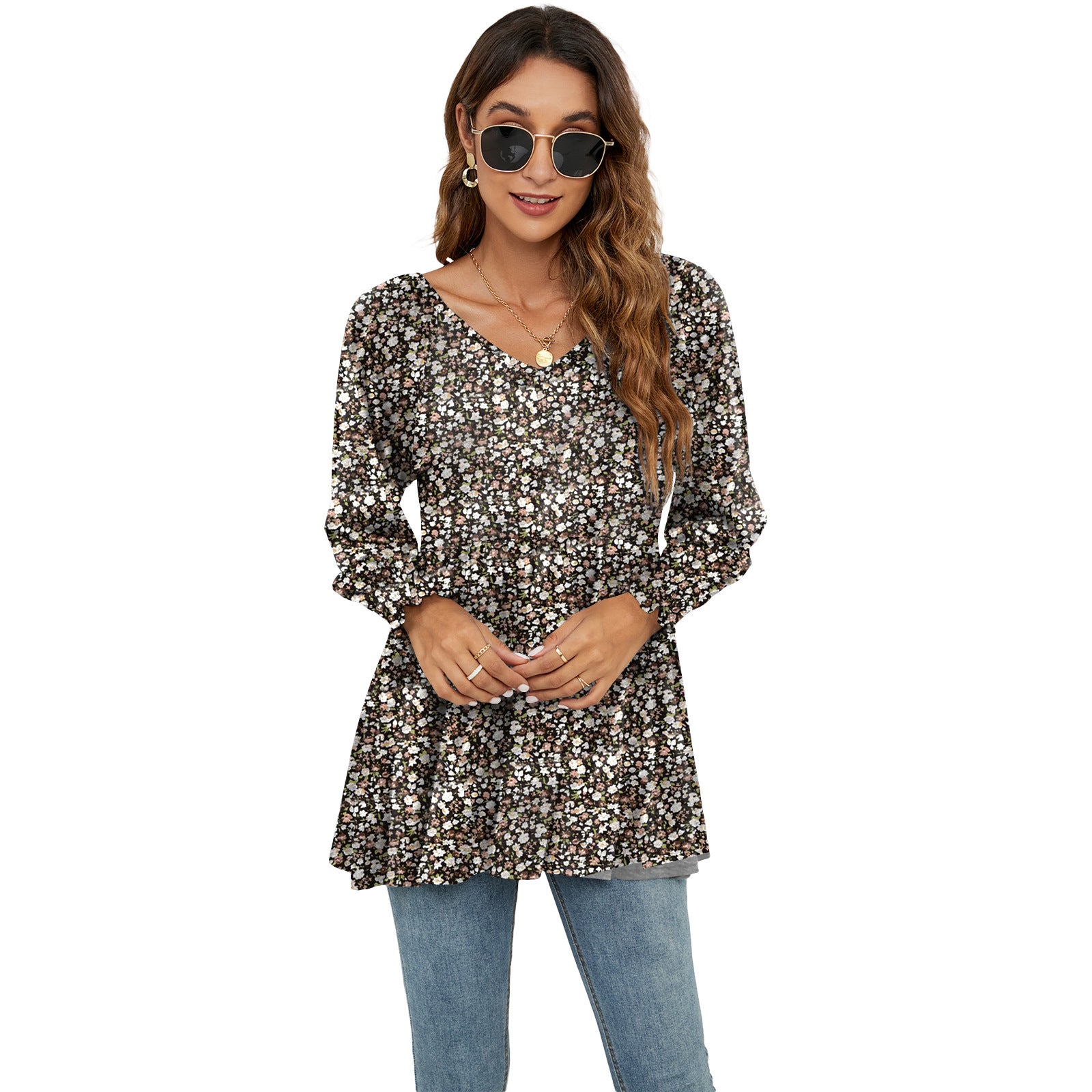 Zylofashon  Women’s Floral Puff Sleeve V-Neck Casual Blouse USA
