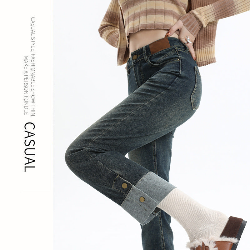 Zylofashon Women’s Straight Jeans – Flanging High Waist Pants