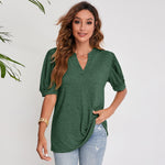 Zylofashon  Women’s Pleated Puff Sleeve V-Neck Summer Casual Top USA