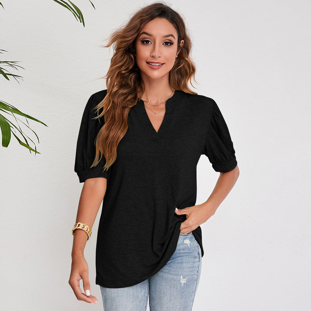 Zylofashon  Women’s Pleated Puff Sleeve V-Neck Summer Casual Top USA