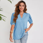 Zylofashon  Women’s Pleated Puff Sleeve V-Neck Summer Casual Top USA